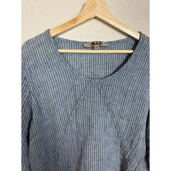 FLAX Women's Tunic Top Size Large Linen Blue White Lagenlook Boho 3/4 sleeves - Picture 5 of 11